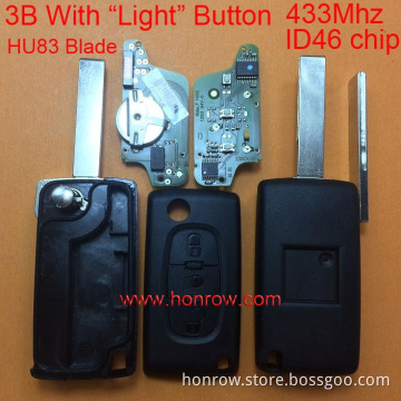 High Quality and New Original Peugeot FSK 3 button flip remote key with HU83 407 blade (With Light button) 433Mhz ID46 Chip